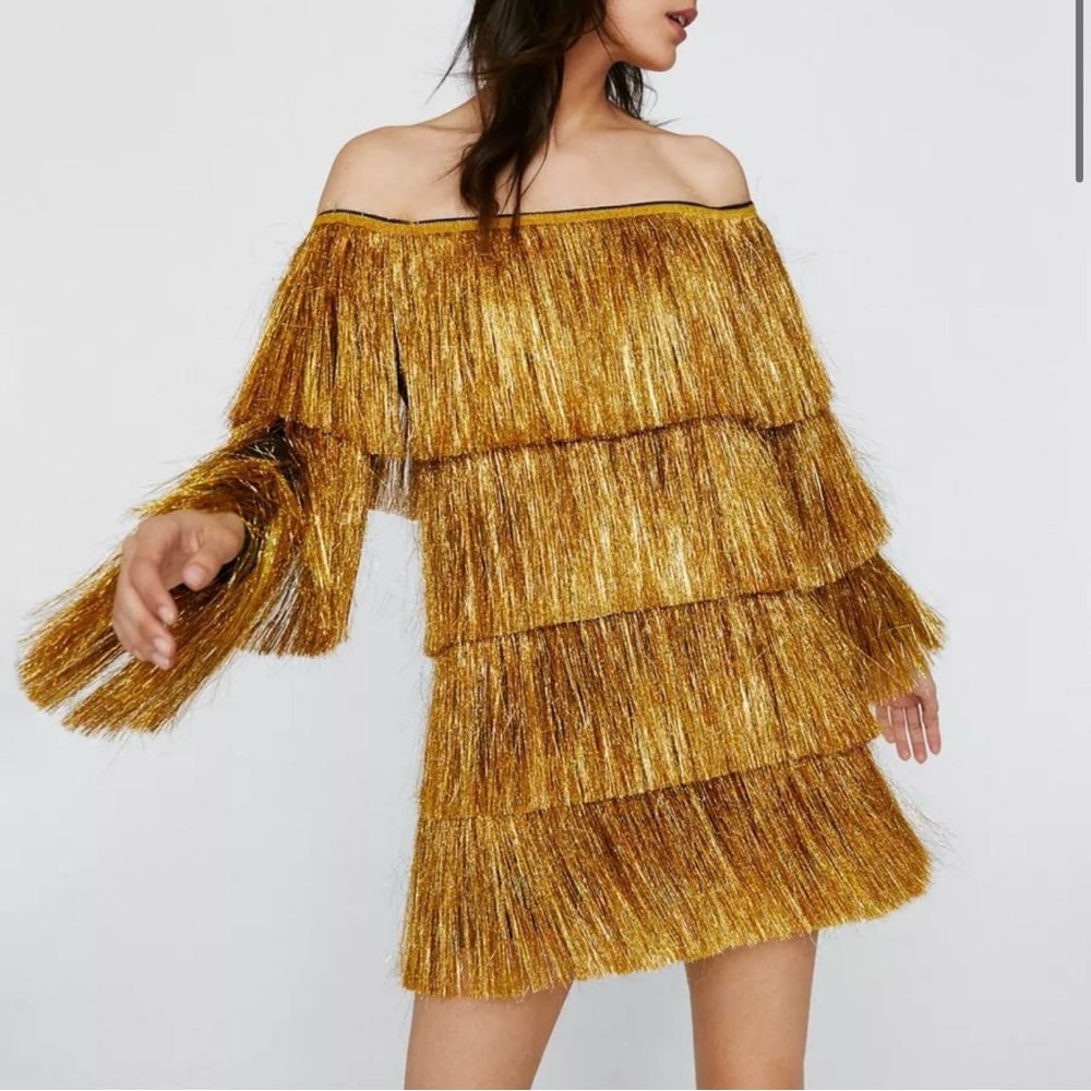 Nasty Gal Off the Shoulder Long Sleeve Gold Tinsel Fringe Mini Dress